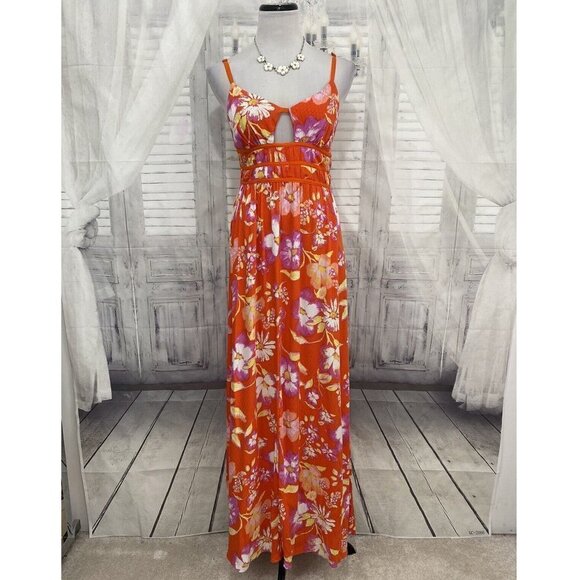 Free People Wisteria Maxi Dress Orange Floral Lightweight Open Back Sleeveless - Picture 2 of 14